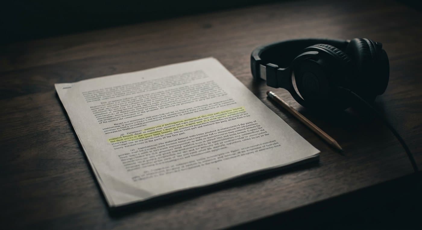 A printed page of dense legal paragraphs lying on a dark desk, one line marked in yellow highlighter, with studio headphones and a pencil beside it.