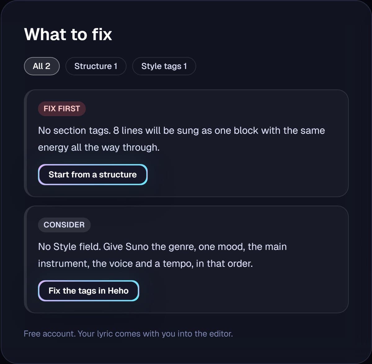 The check reporting no section tags, and that eight lines will be sung as one block with the same energy throughout.
